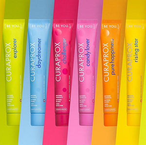 Curaprox Be You whitening toothpaste with Vitamin C antioxidant power. Image shows the 6 flavours available.