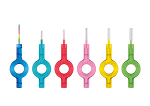 The selection of colours and sizes of Curaprox prime interdental space cleaning brushes